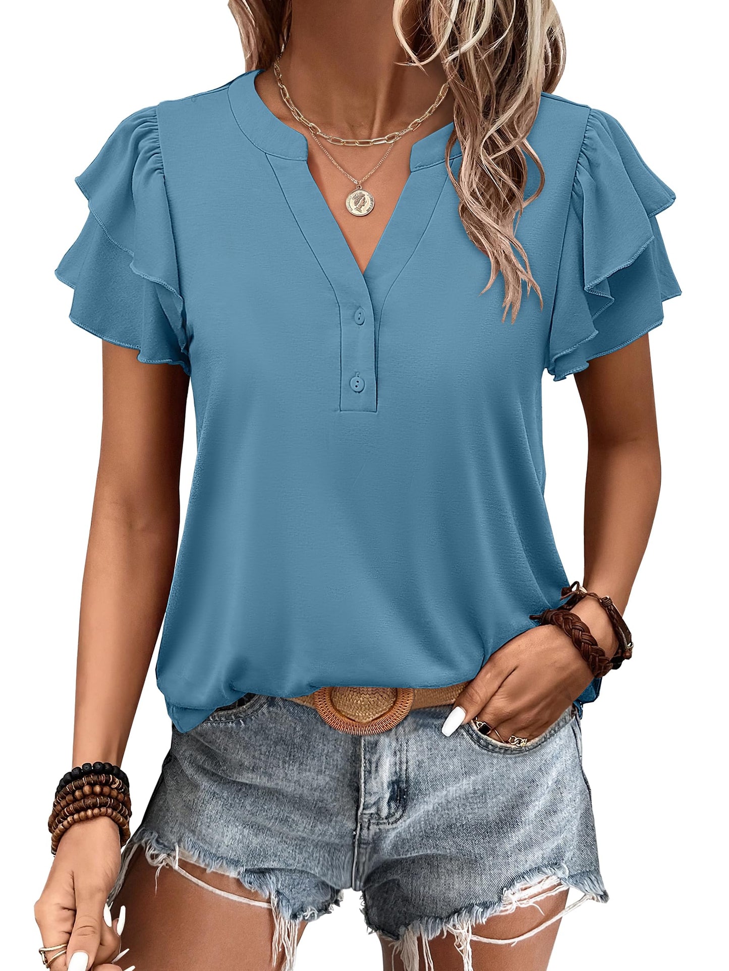 ✨Womens Casual Ruffle Short Sleeve V Neck Top Blouses