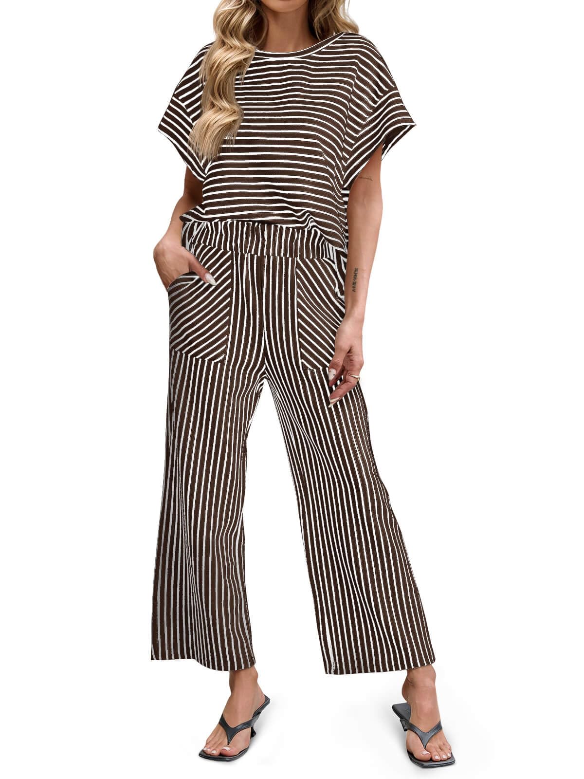 Limited time sale🔥Womens Striped 2 Piece Sets Short Sleeve T Shirts Wide Leg Pants with Pockets