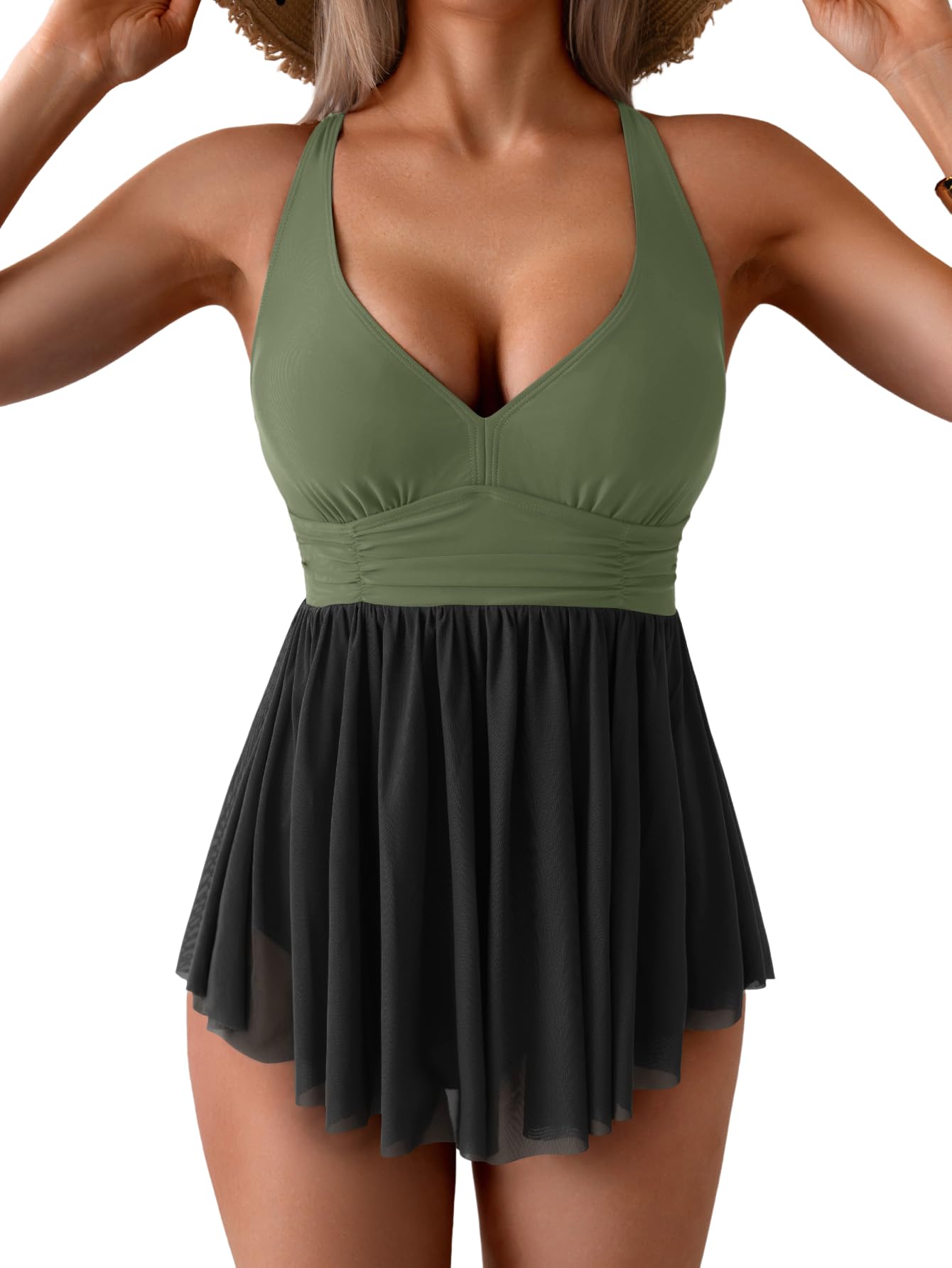 Women's One Piece Swim Dress Swimsuit Tummy Control Mesh Swimdress