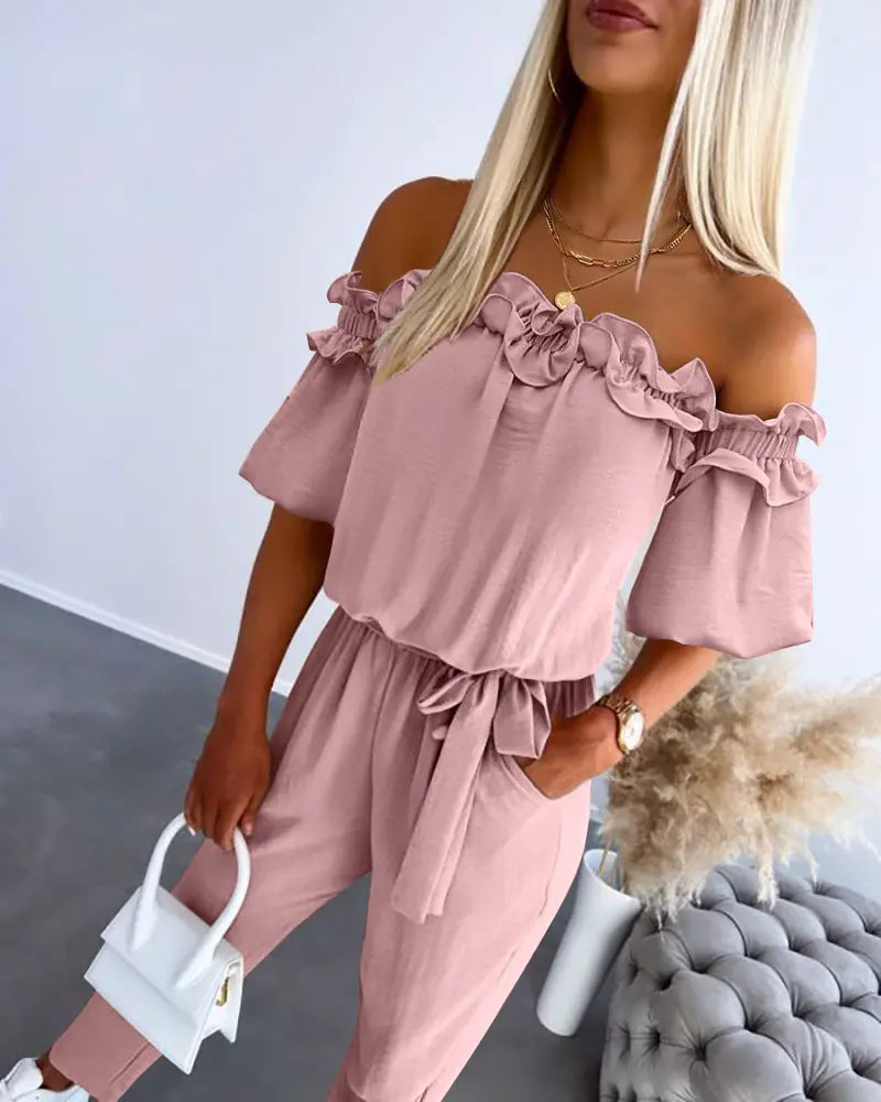 ✨Womens Off Shoulder Frill Hem Tied Detail Jumpsuit