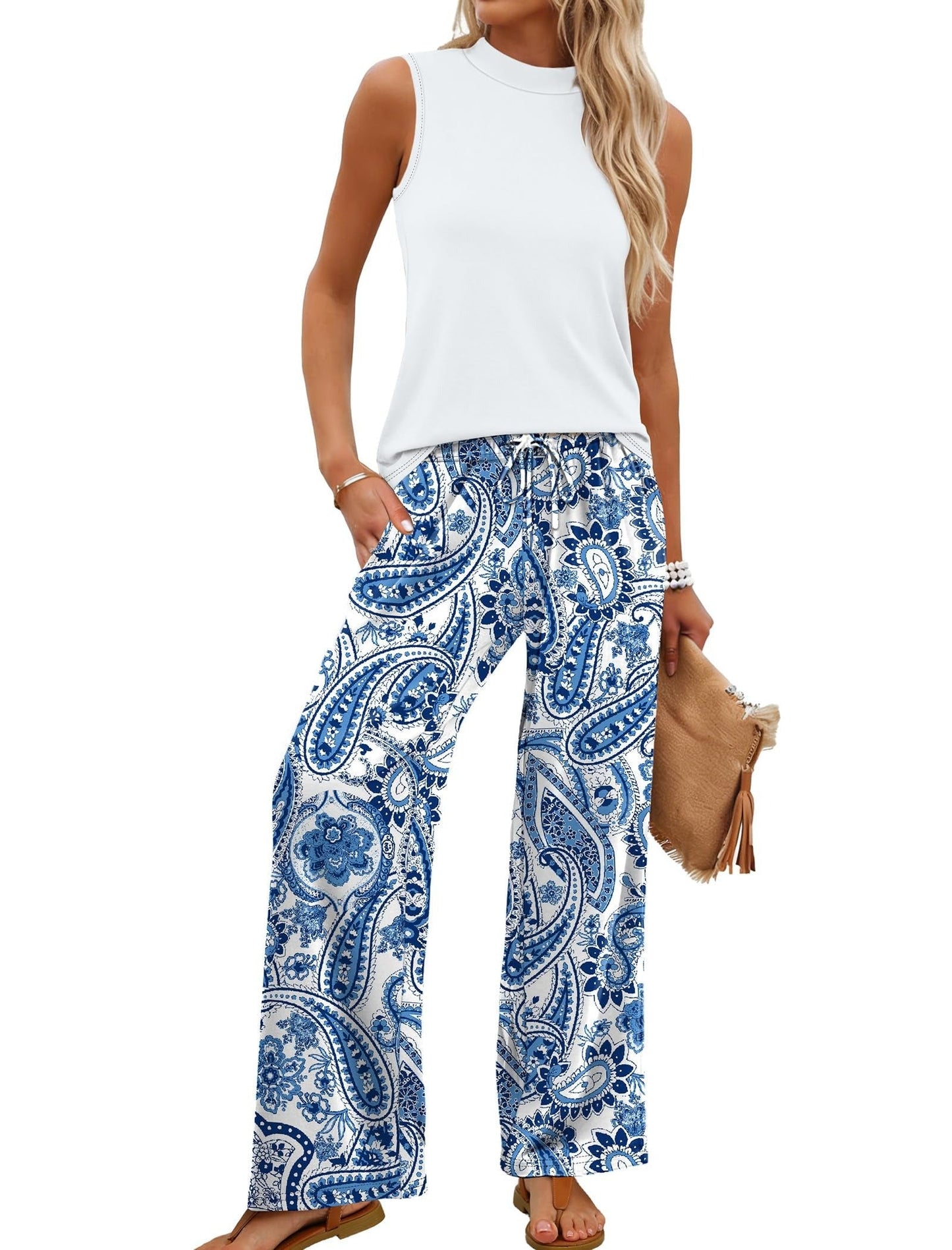 Limited time sale🔥Women's Mock Neck Tank & Printed Wide Leg Pants Set