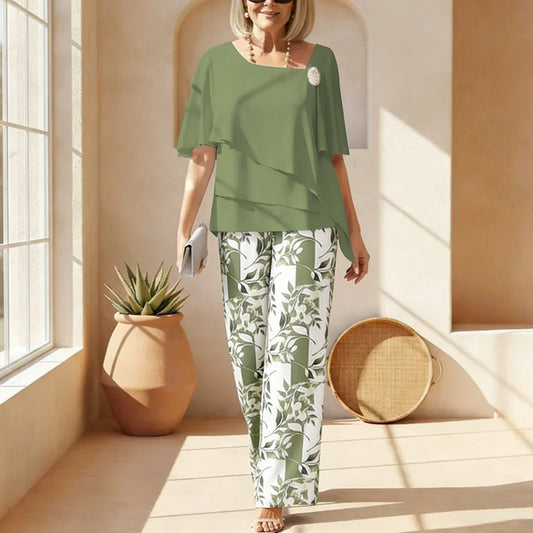 Ruffle Layered Top & Wide Leg Pants Two-Piece Set