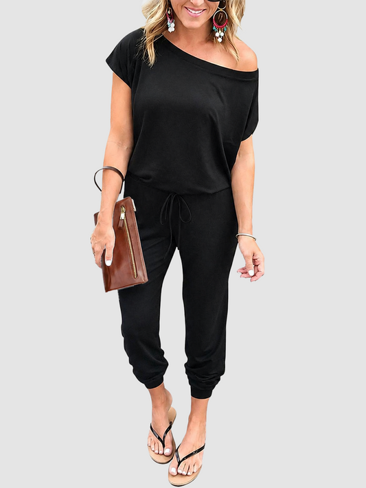 Women Dual Wear Off Shoulder Elastic Waist Solid Long Pants Jumpsuit