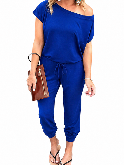Women Dual Wear Off Shoulder Elastic Waist Solid Long Pants Jumpsuit