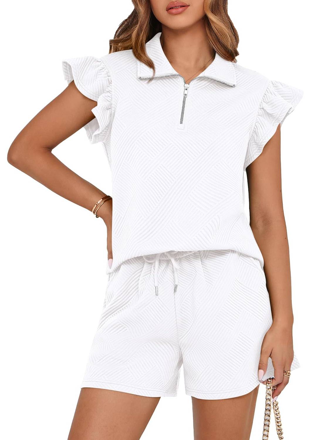✨2025 New Women's Zipper V Neck Casual Ruffle Short Sleeve Tops and Drawstring Shorts 2 Piece Outfits