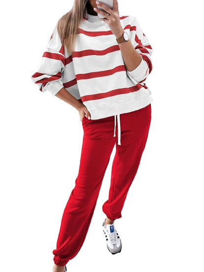 ⏰Hot Sale-Women's Striped Long Sleeve Drop Shoulder Tops & Jogger Pants 2 Piece Sets