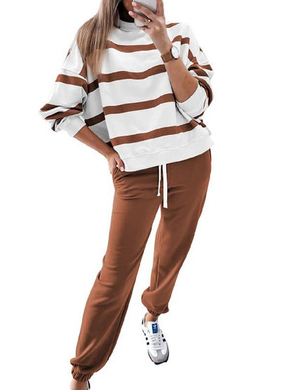 ⏰Hot Sale-Women's Striped Long Sleeve Drop Shoulder Tops & Jogger Pants 2 Piece Sets