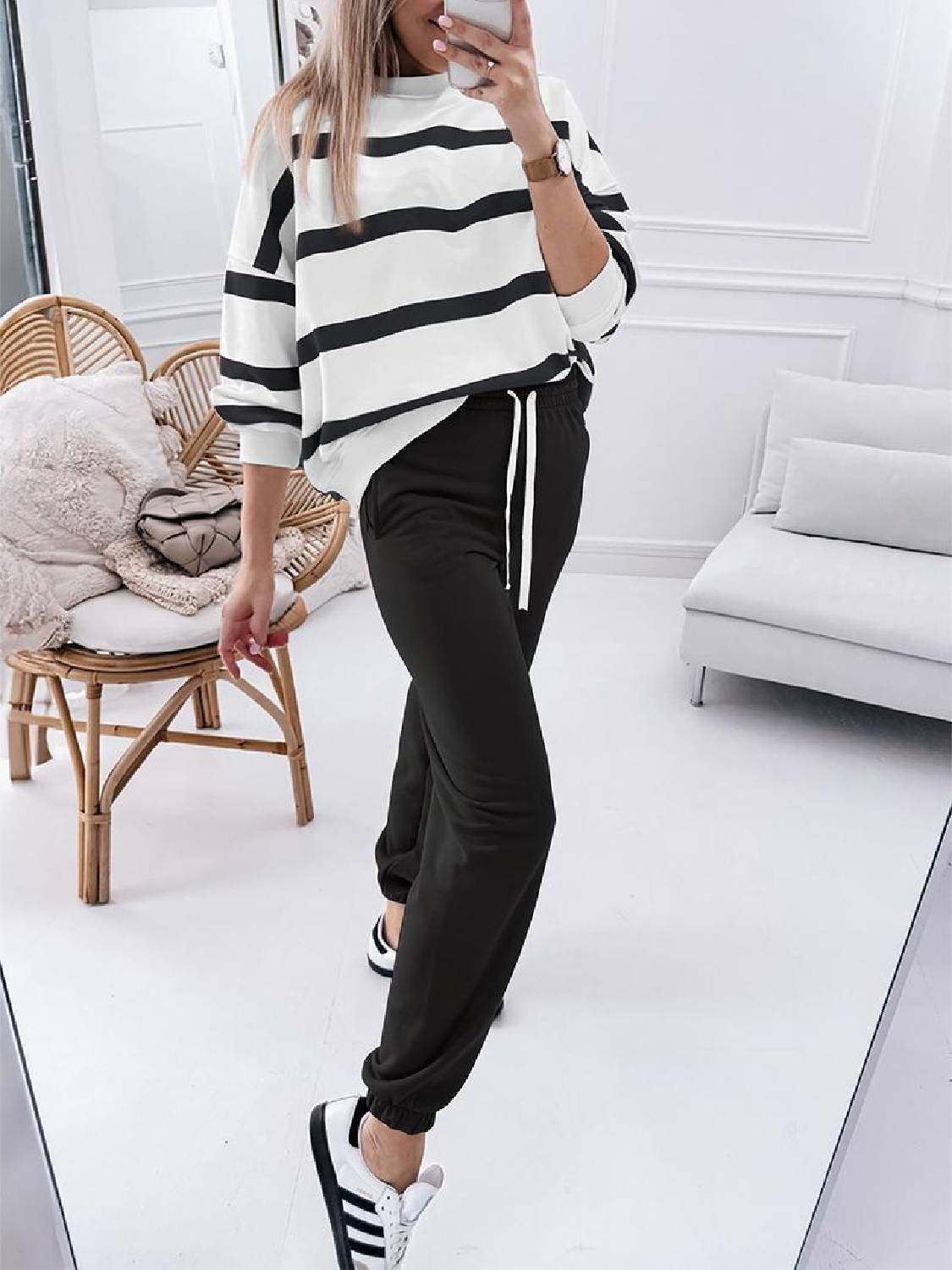 ⏰Hot Sale-Women's Striped Long Sleeve Drop Shoulder Tops & Jogger Pants 2 Piece Sets