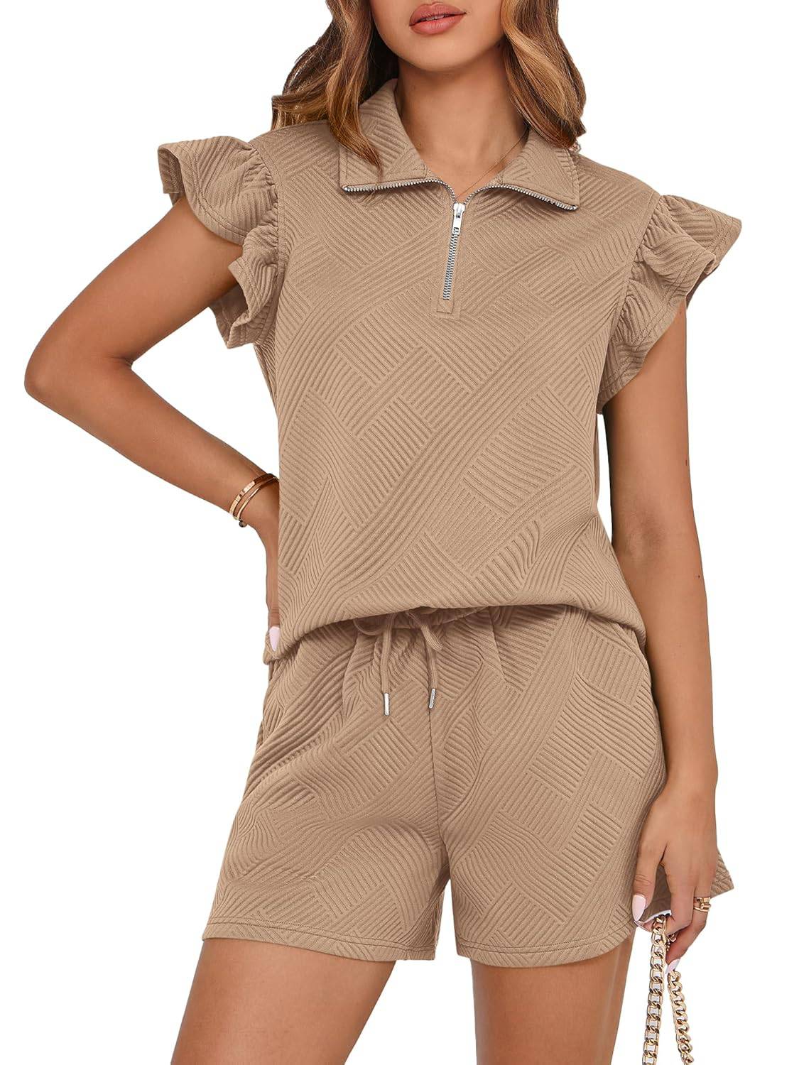 ✨2025 New Women's Zipper V Neck Casual Ruffle Short Sleeve Tops and Drawstring Shorts 2 Piece Outfits