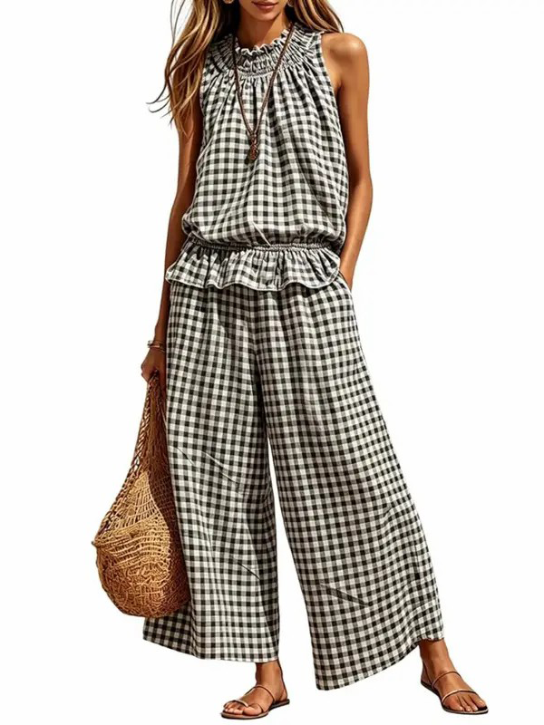 Women's 2 Piece Set Outfits Gingham Plaid Sleeveless Ruffle Top Wide Leg Pants