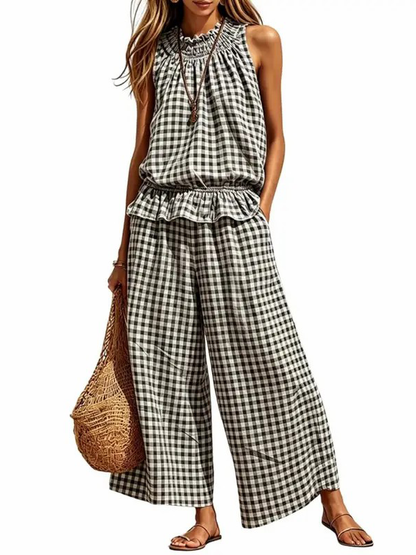Women's 2 Piece Set Outfits Gingham Plaid Sleeveless Ruffle Top Wide Leg Pants