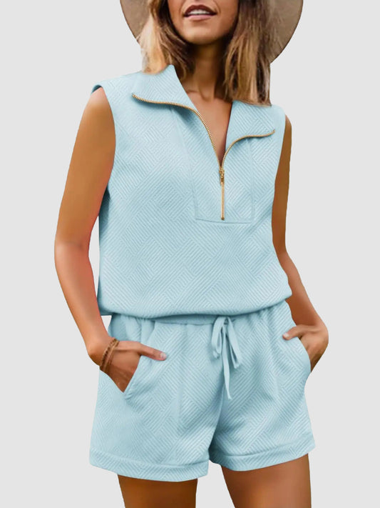Limited time sale🔥Womens 2 Piece Outfits Short Sets Half Zip Sleeveless Tops and Drawstring Shorts