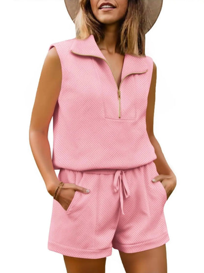 Limited time sale🔥Womens 2 Piece Outfits Short Sets Half Zip Sleeveless Tops and Drawstring Shorts