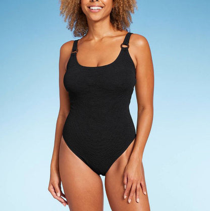 Square Neck Pucker Textured High Leg One Piece Swimsuit
