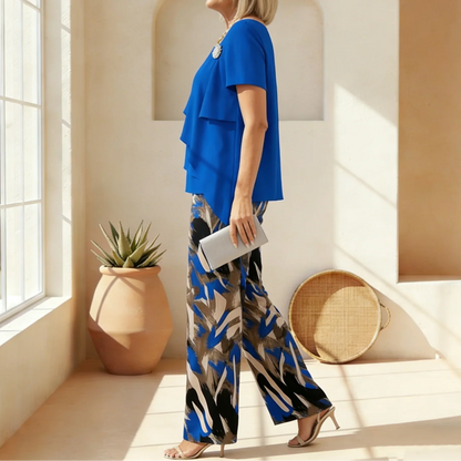 Ruffle Layered Top & Wide Leg Pants Two-Piece Set