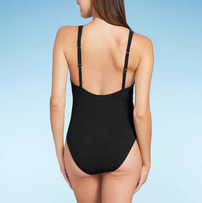 Square Neck Pucker Textured High Leg One Piece Swimsuit