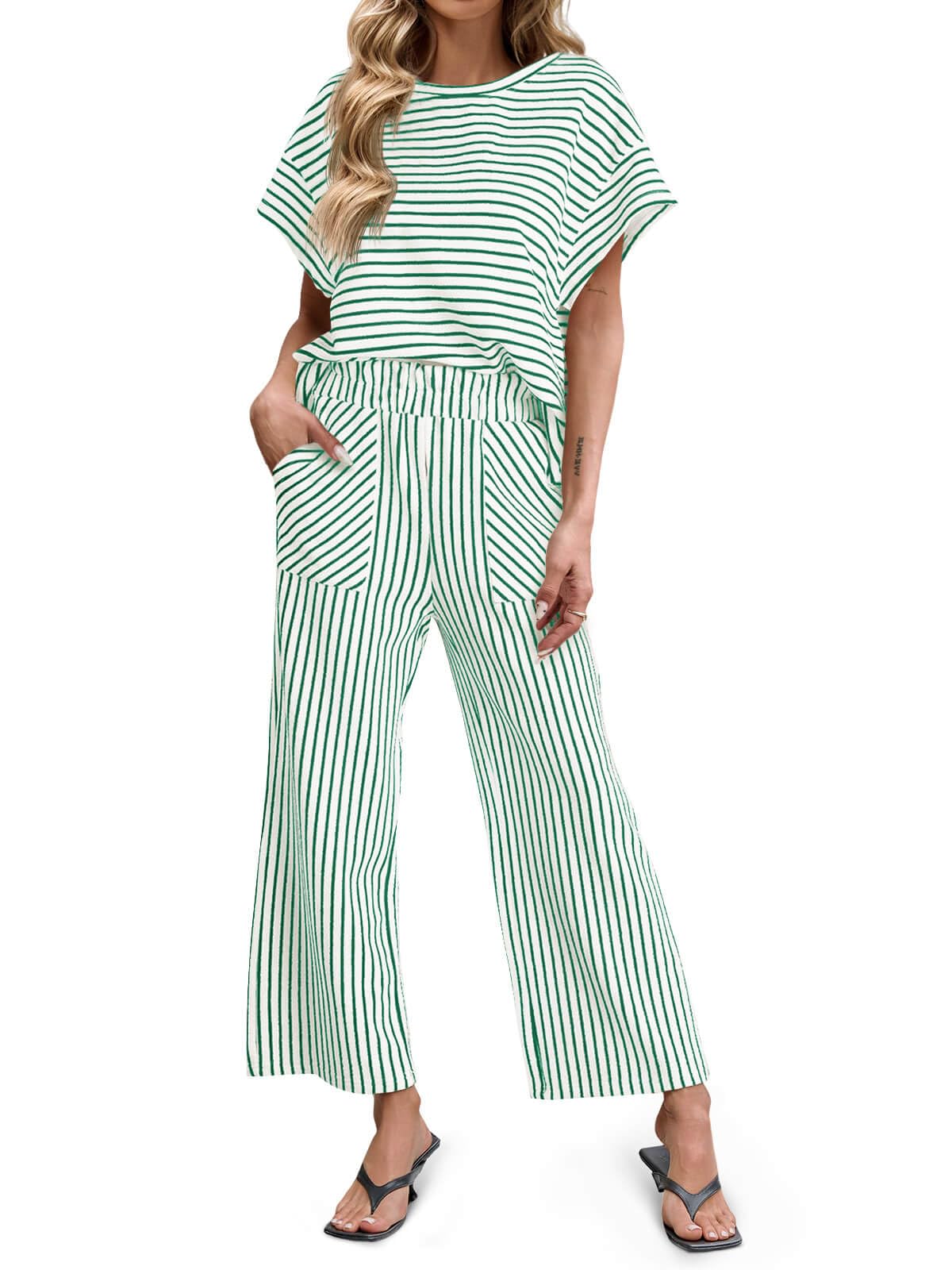 Limited time sale🔥Womens Striped 2 Piece Sets Short Sleeve T Shirts Wide Leg Pants with Pockets