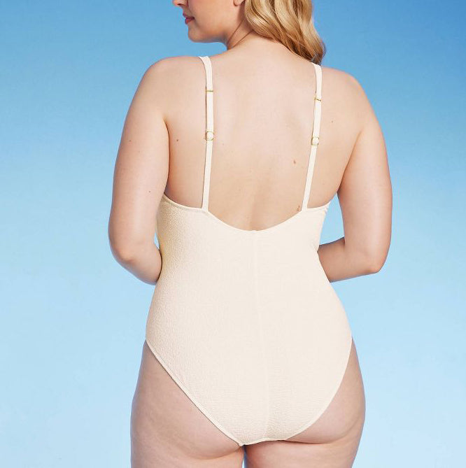 Square Neck Pucker Textured High Leg One Piece Swimsuit