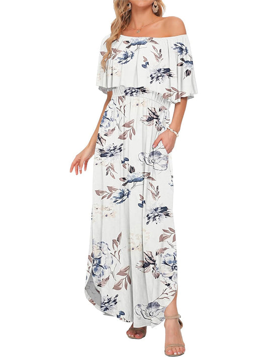 ⏰Hot Sale-Women's Off Shoulder Ruffle Short Sleeve Side Split Maxi Dresses with Pockets