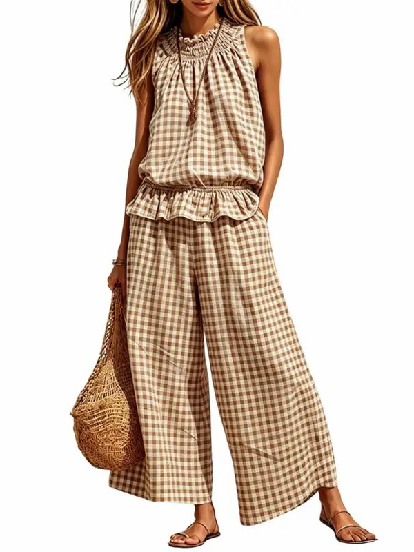 ⏰Hot Sale-Women's 2 Piece Set Outfits Gingham Plaid Sleeveless Ruffle Top Wide Leg Pants