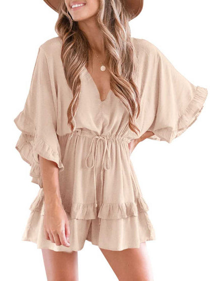 Womens V Neck Ruffle Layered Drawstring Waisted Shorts Jumpsuit