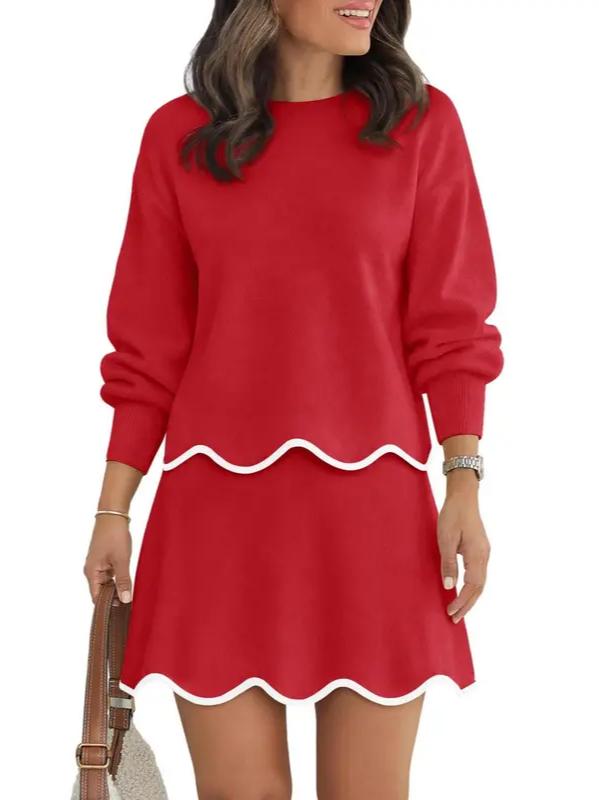 Women Puff Long Sleeve Crewneck Top Scalloped Mini Skirt 2 Piece Knit Set