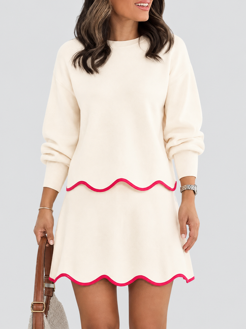 Women Puff Long Sleeve Crewneck Top Scalloped Mini Skirt 2 Piece Knit Set