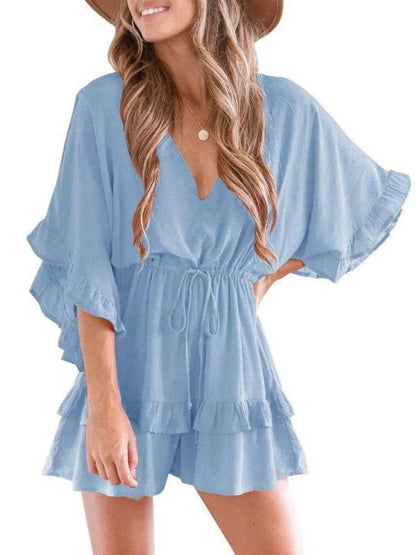 Womens V Neck Ruffle Layered Drawstring Waisted Shorts Jumpsuit