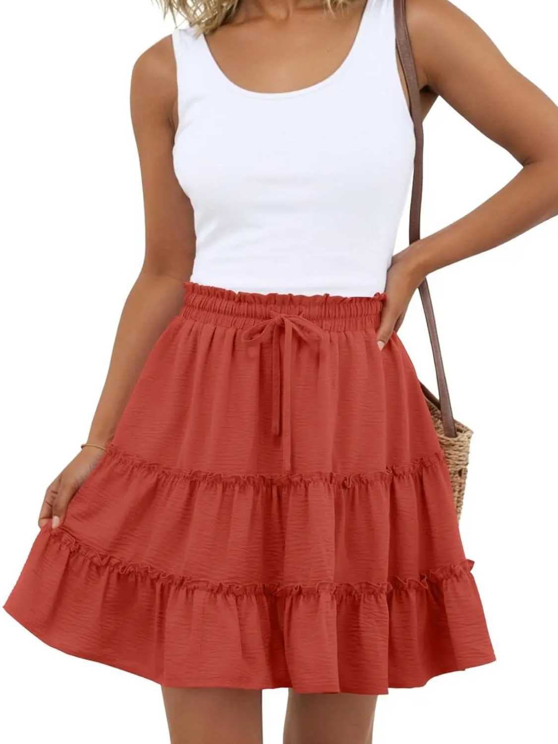 Women Flowy Skorts Built-in Shorts Floral Ruffle Tiered Skirts with Pockets