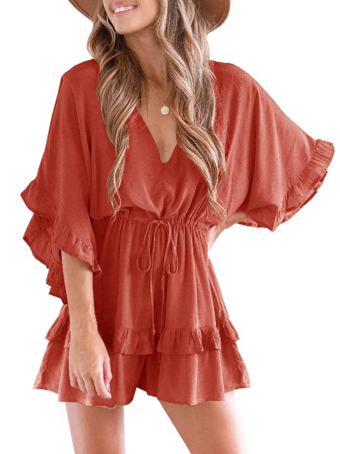 Womens V Neck Ruffle Layered Drawstring Waisted Shorts Jumpsuit