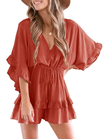 Womens V Neck Ruffle Layered Drawstring Waisted Shorts Jumpsuit