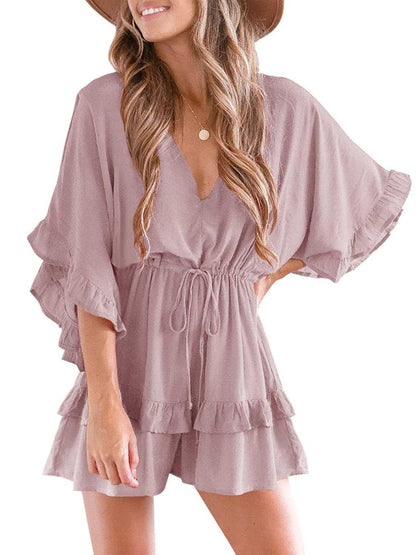 Womens V Neck Ruffle Layered Drawstring Waisted Shorts Jumpsuit