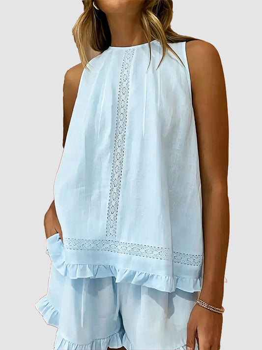 Sleeveless Lace Insert Ruffle Trim Tank Top & Matching Shorts 2 Piece Set