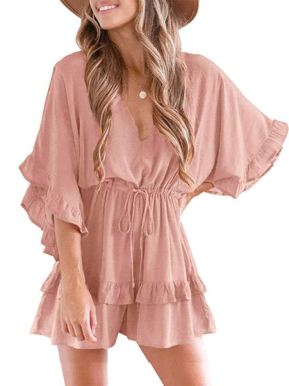 Womens V Neck Ruffle Layered Drawstring Waisted Shorts Jumpsuit