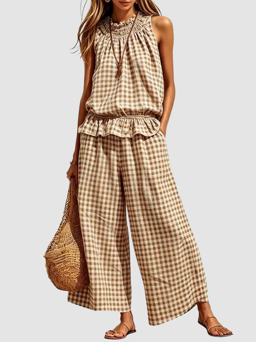 ⏰Hot Sale-Women's 2 Piece Set Outfits Gingham Plaid Sleeveless Ruffle Top Wide Leg Pants