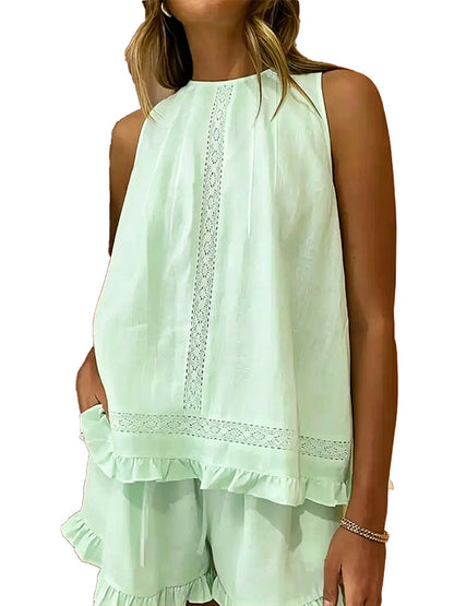 Sleeveless Lace Insert Ruffle Trim Tank Top & Matching Shorts 2 Piece Set
