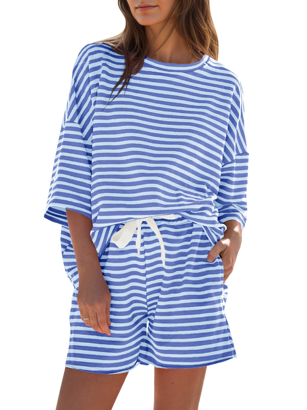 Limited time sale🔥Womens Striped 3/4 Sleeve Oversized Tops High Waisted Shorts Sets