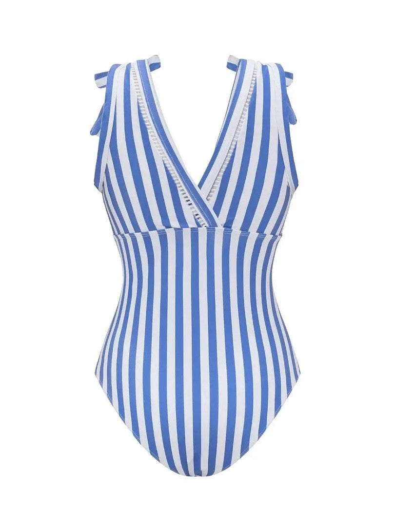 Bowknot Striped Print One Piece Swimsuit and Skirt
