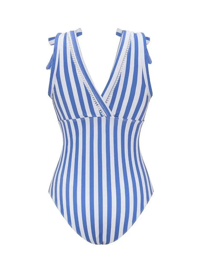 Bowknot Striped Print One Piece Swimsuit and Skirt