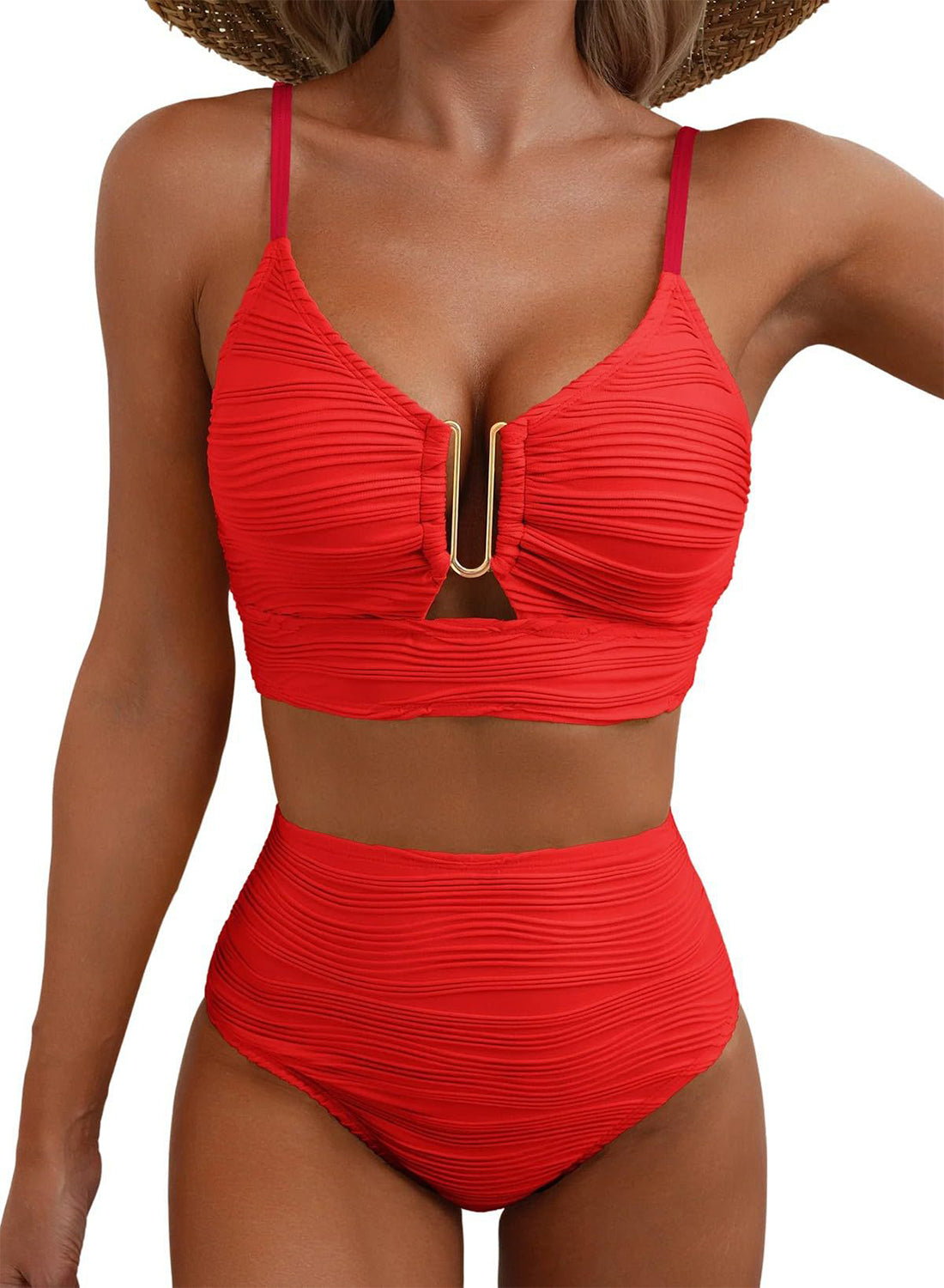 ⏰Hot Sale-Women's U-Wire Cutout Swimsuit High Waisted Textured 2 Piece Bikini Set