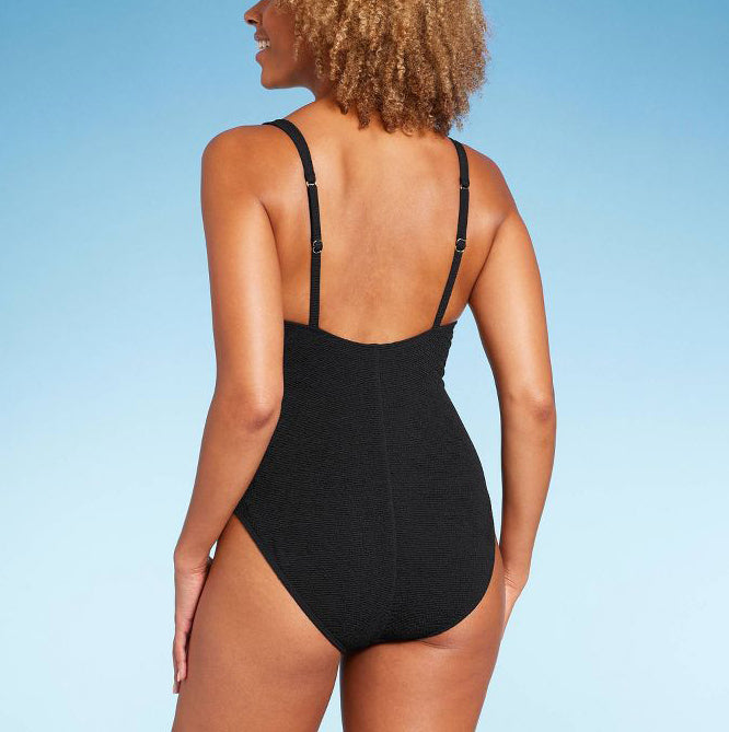 Square Neck Pucker Textured High Leg One Piece Swimsuit