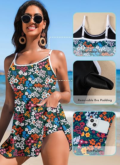 Women's Ditsy Floral Spaghetti Strap Skirted One Piece Swimsuit With Pockets
