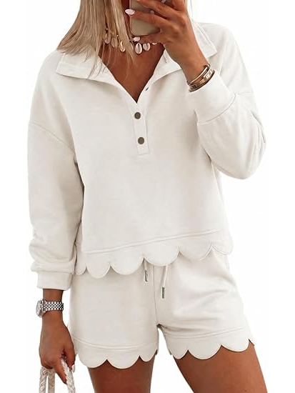 Limited time sale🔥Women Scalloped Hem Half Button Polo Two Piece Set