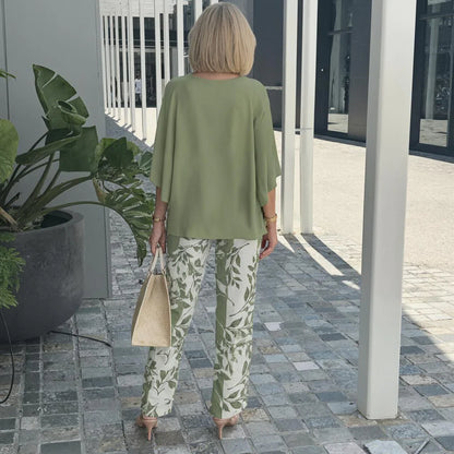 Trendy Green Print 3/4 Sleeve Two Piece Set