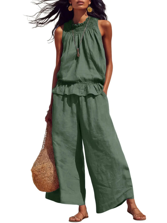 ⏰Hot Sale-Women's 2 Piece Outfits Sleeveless Ruffle Top Wide Leg Pants Summer Loungewear