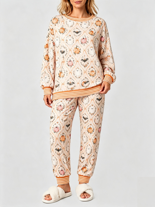 Women Halloween Pumpkin Ghost Print Long Sleeve 2 Piece Pajama Set