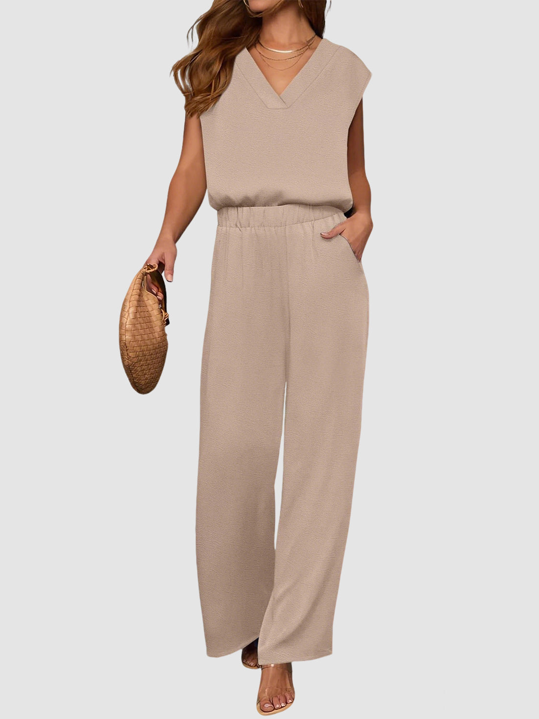 2 Piece Sets for Women Lounge Outfits Summer V Neck Cap Sleeve Top Wide Leg Pants