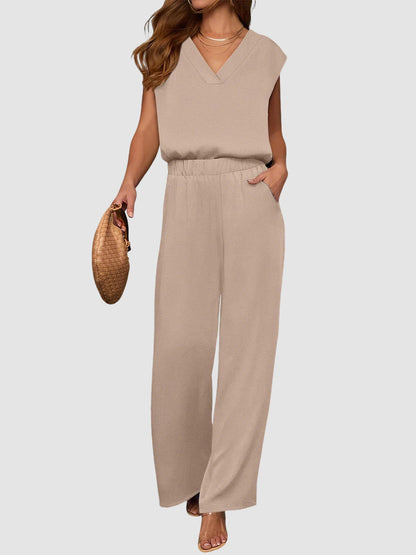2 Piece Sets for Women Lounge Outfits Summer V Neck Cap Sleeve Top Wide Leg Pants