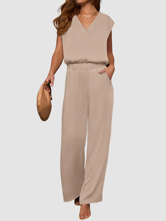 2 Piece Sets for Women Lounge Outfits Summer V Neck Cap Sleeve Top Wide Leg Pants
