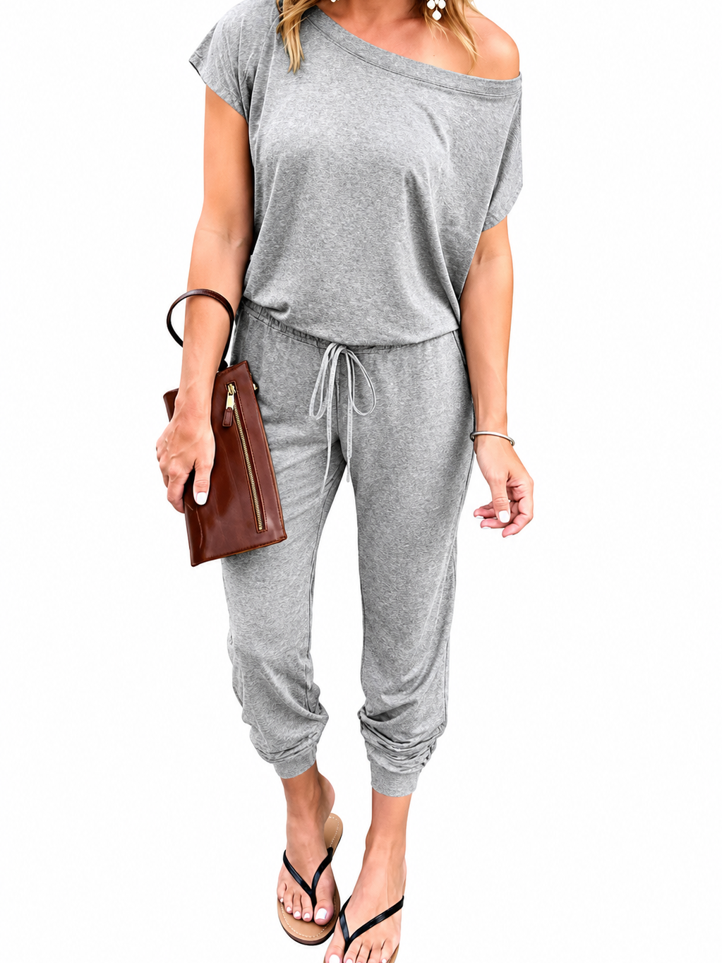Women Dual Wear Off Shoulder Elastic Waist Solid Long Pants Jumpsuit